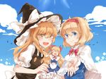  alice_margatroid apron ascot bad_id bad_pixiv_id blue_eyes blush braid capelet couple hairband hat kirisame_marisa long_hair meng_ziya multiple_girls open_mouth shanghai_doll short_hair side_braid smile touhou waist_apron witch_hat wrist_cuffs yellow_eyes yuri 