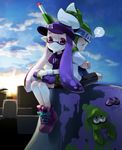  1girl bike_shorts blush cloud domino_mask green_hair indian_style inkling mask pink_eyes pointy_ears ponytail purple_hair shirt shoes sitting sleeping sneakers splat_charger_(splatoon) splatoon_(series) splatoon_1 splattershot_(splatoon) squid sunrise super_soaker t-shirt taiki_miyu visor_cap water_gun 