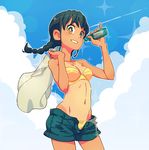  ammonio bangs bikini bikini_under_clothes black_hair bottle bow bow_panties braid breasts brown_eyes cleavage cloud cowboy_shot day denim denim_shorts floating_hair grin holding holding_bottle holding_clothes long_hair looking_at_viewer navel one-piece_tan open_fly original outline panties ramune revision shirt shirt_removed short_shorts shorts sky small_breasts smile solo star star-shaped_pupils strap_gap swimsuit swimsuit_under_clothes symbol-shaped_pupils tan tanline towel twin_braids underwear unzipped white_shirt yellow_bikini 