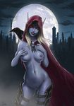  artist_request bird blue_skin breasts cape crow facial_mark hood lipstick looking_at_viewer makeup navel nipples nude pubic_hair pussy red_eyes sky solo sylvanas_windrunner uncensored undead white_hair world_of_warcraft 