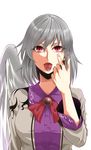  akanbe bow grey_hair hands highres kakao_(noise-111) kishin_sagume looking_at_viewer red_eyes shirt short_hair simple_background single_wing solo tongue tongue_out touhou upper_body vest white_background wings 