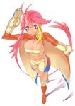  absurdres alternate_hair_color blue_eyes boots breasts cape cleavage cosplay from_above frown fuuro_(pokemon) gen_1_pokemon gloves highres knee_boots large_breasts mega_pidgeot mega_pokemon midriff navel orange_footwear pidgeot pink_hair pokemon pokemon_(game) pokemon_bw solo toranoe 