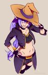  borrowed_character cowboy_shot feguimel fingerless_gloves gloves hand_on_hip hat kaleina_(ricegnat) long_hair low-tied_long_hair navel original pointy_ears purple_eyes purple_hair solo standing thighhighs very_long_hair watermark web_address witch_hat 
