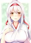  blush breasts flying_sweatdrops hairband hand_on_own_chest japanese_clothes kantai_collection large_breasts long_hair looking_at_viewer open_mouth ponytail rui_shi_(rayze_ray) shoukaku_(kantai_collection) silver_hair smile solo 
