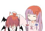  crescent crescent_hair_ornament demon_wings hair_ornament head_wings koakuma long_hair mickeysmith multiple_girls patchouli_knowledge pouring purple_hair red_hair revenge sketch smile tea touhou white_background wings 