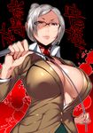  angry bad_id bad_twitter_id breasts center_opening choker cleavage glasses highres large_breasts lips looking_at_viewer ojo_(dfreak) pointer prison_school red_eyes ribbon_choker school_uniform shiraki_meiko short_hair silver_hair solo sweat whip 