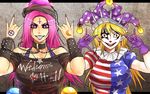 \m/ american_flag_dress blonde_hair bracelet breasts chain clothes_writing clownpiece collar commentary_request crazy_eyes crescent cross earrings eyeshadow facepaint fangs grin hat hecatia_lapislazuli inverted_cross jester_cap jewelry large_breasts light_bulb lipstick long_hair makeup multiple_girls nail_polish necklace pale_skin pink_hair polka_dot polos_crown puffy_sleeves purple_hair ryuuichi_(f_dragon) sharp_teeth smile spiked_bracelet spikes star star-shaped_pupils symbol-shaped_pupils teeth touhou 