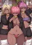  3girls bikini black_jacket blonde_hair boots breasts breasts_apart cleavage curvy dark_skin eyepatch hair_over_eyes highres jacket korotsuke large_breasts lips long_hair looking_at_viewer micro_bikini multiple_girls navel open_clothes open_jacket original parted_lips ponytail purple_eyes purple_hair sharp_teeth shiny shiny_clothes shiny_hair shiny_skin short_hair skindentation smile strapless swimsuit teeth thick_thighs thigh_boots thighhighs thighs tubetop white_legwear wide_hips yellow_eyes 