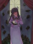  absurdres backlighting blurry book bow crescent curtains dark dress evil_grin evil_smile glowing grin hair_bow hair_ornament hat head_tilt highres kotton long_hair long_sleeves looking_at_viewer mob_cap open_book patchouli_knowledge purple_hair red_eyes smile solo touhou vest window 