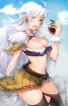  ahoge apple black_legwear blush breasts cleavage fang final_fantasy final_fantasy_crystal_chronicles food fruit fur_trim green_eyes hair_ribbon highres large_breasts long_hair looking_at_viewer midriff naso4 open_mouth ribbon selkie silver_hair sketch skirt solo thighhighs 