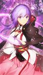  breasts cleavage fate/grand_order fate/stay_night fate_(series) flower highres hood imaginary_around japanese_clothes jpeg_artifacts kimono matou_sakura medium_breasts nakahara_(mu_tation) official_art purple_eyes purple_hair resized ribbon sash short_hair_with_long_locks solo upscaled waifu2x 