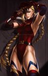  adjusting_clothes adjusting_hat alternate_costume armpits arms_up belt blonde_hair cammy_white gradient gradient_background hat hat_over_one_eye highleg highleg_leotard leotard lixin_wang looking_at_viewer scar shoulder_pads solo street_fighter tattoo twin_braids 