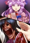  commentary corpse d: e.o. eye_socket hat highres horror_(theme) houraisan_kaguya mob_cap mummy no_eyes open_mouth patchouli_knowledge photo_(object) purple_eyes purple_hair scared sharp_teeth solo surprised sweat teeth touhou 