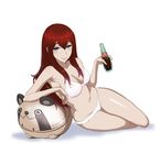  absurdres alternate_breast_size arm_support blue_eyes bra breasts cleavage dr_pepper highres kamitsuki_manmaru large_breasts long_hair lying makise_kurisu on_side panda panties red_hair shiny shiny_skin sketch smile solo steins;gate underwear underwear_only 
