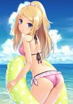  :o ass banned_artist bikini blonde_hair blue_eyes blush breasts cloud cloudy_sky day highres innertube long_hair looking_at_viewer looking_back medium_breasts n.g. open_mouth outdoors pink_bikini pink_scrunchie pokemon pokemon_(game) pokemon_xy ponytail revision scrunchie serena_(pokemon) side-tie_bikini sidelocks sky solo sparkle string_bikini swimsuit water wet 