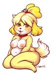  animal_crossing bell black_nose blonde_hair breasts canine collar dog female fur hair isabelle_(animal_crossing) mammal mia0u nintendo nipples nude open_mouth shih_tzu simple_background sitting solo video_games white_background white_fur yellow_fur 