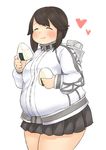  ^_^ blush brown_hair closed_eyes eating fat food foodgasm fusa_(starless2323) happy hayasui_(kantai_collection) heart highres jacket kantai_collection miniskirt obese onigiri skirt solo track_jacket 