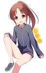  arm_support bare_legs bottomless brown_eyes brown_hair character_name hand_on_own_knee itsumi_(itumiyuo) jacket long_hair long_sleeves looking_at_viewer naked_track_jacket no_panties no_pants open_mouth ponytail saki saki_achiga-hen shoes sitting smile solo takakamo_shizuno track_jacket white_background 