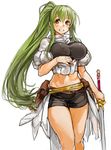  belt bike_shorts breasts green_eyes green_hair grin holding holding_sword holding_weapon large_breasts long_hair looking_at_viewer midriff navel original ponytail sachito simple_background smile solo sumi-chan_(sachito) sword thick_thighs thighs underbust very_long_hair weapon white_background yellow_eyes 