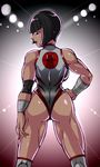  ass backboob backlighting black_hair blue_eyes bob_cut breasts character_name deadmoon_(kein2002) elbow_pads from_behind highres large_breasts leotard looking_back muscle muscular_female short_hair solo street_fighter street_fighter_v thick_thighs thighs yamato_nadeshiko_(street_fighter) 