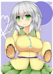  blush breasts commentary_request green_hair komeiji_koishi large_breasts looking_at_viewer md5_mismatch miniskirt no_hat no_headwear revision silver_hair skirt sleeves_past_wrists smile solo symbol-shaped_pupils touhou us2s 