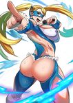  ass bad_id bad_twitter_id bare_shoulders blonde_hair blue_eyes blue_leotard boots breasts cleavage domino_mask green_eyes large_breasts leotard long_hair looking_at_viewer looking_back mask microphone nuezou pointing pointing_at_viewer rainbow_mika shiny shiny_skin smile solo street_fighter street_fighter_v thighs twintails twisted_torso 