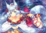  animal_ears anklet barefoot blue_eyes blush breasts capura_lin cleavage detached_sleeves erune fan folding_fan granblue_fantasy hair_ribbon jewelry large_breasts long_hair looking_at_viewer ponytail revision ribbon silver_hair socie_(granblue_fantasy) solo tail very_long_hair water wolf_ears wolf_tail 