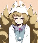  anger_vein ankoro_(eguretto) beige_background black_eyes blonde_hair brooch commentary_request fox_tail hat jewelry looking_at_viewer multiple_tails pillow_hat pursed_lips serious short_hair simple_background solo tabard tail tearing_up tears touhou upper_body yakumo_ran 