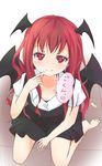  barefoot blush demon_wings finger_to_mouth from_above head_wings highres koakuma mickeysmith naughty_face number_pun red_eyes sitting sketch solo symbol-shaped_pupils tongue tongue_out touhou wariza white_background wings 