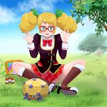  1girl :d absurdres aikatsu! aikatsu!_(series) bag blonde_hair blue_eyes blush bow brown_footwear day dottler full_body glasses grass handbag hands_up highres long_sleeves lumholtz_tk outdoors pocket pokemon pokemon_(creature) red-framed_eyewear red_bow red_skirt saegusa_kii school_uniform sidelocks sitting skirt smile tree twintails 