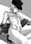  1girl absurdres bottomless chainsaw_man collared_shirt earrings fami_(chainsaw_man) hat highres jewelry kneeling koto_(artist) looking_at_viewer monochrome navel on_one_knee partially_undressed shirt short_hair simple_background solo stippling_(texture) white_shirt 