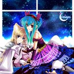  1girl animal_ears bare_shoulders blonde_hair blue_eyes blue_hair doll_joints dress fingerless_gloves gloves gradient_hair hairband highres holding_hands kanna_(plum) kneeling long_hair lying multicolored_hair night night_sky on_back original red_eyes shoulder_pads sky 