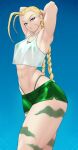  1girl abs ahoge armpits arms_behind_head artist_name bikini bikini_under_clothes blonde_hair blue_background blue_eyes bodypaint braid breasts cammy_white camouflage crop_top gabriel_carrasquillo green_bikini green_shorts highres huge_ahoge long_hair looking_at_viewer medium_breasts navel scar scar_on_cheek scar_on_face see-through see-through_shirt short_shorts shorts skindentation solo stomach street_fighter swimsuit tank_top thick_thighs thighs toned twin_braids white_tank_top 