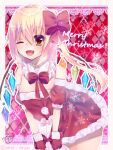  1girl alternate_costume argyle_background artist_name blonde_hair border bow bowtie breasts chisiro_unya_(unya_draw) cowboy_shot crystal dress english_commentary english_text fang flandre_scarlet fur-trimmed_gloves fur_trim gloves hair_between_eyes hair_bow happy leaning_forward looking_at_viewer merry_christmas mixed-language_commentary multicolored_wings no_headwear one_eye_closed one_side_up open_mouth red_background red_bow red_bowtie red_gloves santa_dress small_breasts smile snowflakes solo touhou white_border wings 