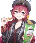  1girl black_hat black_jacket black_shirt blue_archive brand_name_imitation can cherino_(blue_archive) chips_(food) collarbone collared_shirt commentary_request crossed_bangs food grey_eyes grin halo hand_up hat holding holding_can holding_food iroha_(blue_archive) jacket lapels light_blush long_hair long_sleeves looking_at_viewer loose_necktie necktie nezumin open_clothes open_collar open_jacket outstretched_arm pink_hair potato_chips pringles pringles_can purple_halo red_necktie shirt simple_background smile solo upper_body white_background 