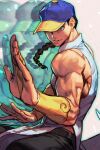  1boy afterimage baseball_cap black_hair black_pants braid bridal_gauntlets chinese_clothes fighting_stance grey_eyes hat hungry_clicker muscular muscular_male pants parted_lips shirt single_braid sleeveless solo street_fighter street_fighter_iii_(series) white_shirt yun_lee 