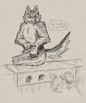 anthro canid canine canis clock dialogue duo female flexing hi_res human male mammal nude sitting_on_counter speech_bubble tail text thewolffinsnow watch wolf
