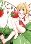  :t alternate_color_school_swimsuit barefoot blonde_hair feet flandre_scarlet food foreshortening fruit highres leaf legs minigirl one-piece_swimsuit ponytail red_eyes red_swimsuit rindou_(faker's_manual) school_swimsuit short_hair side_ponytail slit_pupils soles solo strawberry suggestive_fluid swimsuit toes touhou wings 