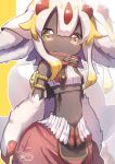 2023 bandam33 belly blush clothed clothing eye_reflection faputa female fur glistening glistening_eyes hair hi_res looking_at_viewer made_in_abyss navel open_mouth reflection solo standing white_body white_fur white_hair wide_hips yellow_eyes