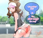  1girl ass ass_cutout bad_id bare_shoulders baseball_cap black_vest blue_eyes blurry blurry_background blush_stickers bracelet brown_hair building clothes_pull clothing_cutout english_text flirting from_behind hat high_ponytail hilda_(pokemon) jewelry leaning_forward long_hair looking_at_viewer md5_mismatch naughtyghost orange_panties panties poke_ball_print pokemon pokemon_bw presenting print_panties profanity road seductive_smile shirt shorts shorts_pull sidelocks sidewalk signature smile solo speech_bubble street tank_top torn_clothes torn_shorts tree underwear undressing vest white_shirt 