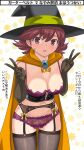  1girl black_gloves blush bra breasts brown_eyes brown_hair cape cleavage double_v dragon_quest dragon_quest_iii elbow_gloves garter_straps gloves hat imaichi looking_at_viewer mage_(dq3) navel open_mouth panties short_hair smile solo thighhighs underwear v witch_hat 