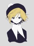  1girl blonde_hair cropped_torso expressionless grey_eyes hat high_collar highres looking_to_the_side maco22 original pom_pom_(clothes) short_hair solo 