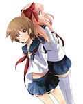  back-to-back blue_eyes blue_skirt bow brown_hair hair_bow haramura_nodoka kiyosumi_school_uniform long_hair maromi_(am97) miyanaga_saki multiple_girls neckerchief pink_hair red_eyes red_neckwear saki school_uniform serafuku short_hair skirt thighhighs zettai_ryouiki 