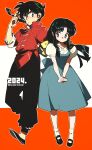  1boy 1girl arm_behind_back black_hair black_pants bow braid braided_ponytail chinese_clothes full_body fuurinkan_high_school_uniform hair_bow long_hair mary_janes pants ranma_1/2 red_background red_shirt saotome_ranma sasaki_tomomi school_uniform shirt shoes short_sleeves single_braid skirt slippers socks tangzhuang tendou_akane twitter_username two-tone_background v white_background 