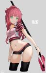  1girl alice_gear_aegis black_thighhighs commentary_request dated fujino_yayoi green_eyes holding holding_polearm holding_weapon polearm ponytail red_cat_hood red_hair shirt short_shorts shorts signature smile solo striped_clothes striped_shirt thighhighs vest weapon 