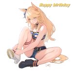  1girl absurdres bandeau bare_arms bare_shoulders black_choker blonde_hair blue_eyes breasts choker cleavage commentary_request da-cart gold_city_(umamusume) happy_birthday highres long_hair looking_at_viewer midriff simple_background solo strapless striped_bandeau tube_top umamusume very_long_hair white_background 