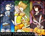  2boys aka_(dusal3170) alternate_costume animal_ears bat bat_wings black_hair blonde_hair blue_eyes bob_cut bow bowtie breasts broom candy cape capelet cat_ears claws cleavage copyright_name durarara!! elbow_gloves food gloves halloween happy_halloween hat jack-o'-lantern jelly_bean kida_masaomi large_breasts lollipop mini_hat mini_top_hat multiple_boys pumpkin pumpkin_pants red_eyes ryuugamine_mikado short_hair shorts sonohara_anri swirl_lollipop tail top_hat wings witch_hat yellow_eyes 