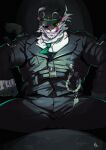  1boy :q animal_ears bara black_pants cowboy_shot dislyte furry furry_male glowing glowing_eye highres jin_qiu_(ru_shou)_(dislyte) large_pectorals looking_at_viewer male_focus muscular muscular_male pants pectorals ppyong sitting solo sunglasses tail thick_thighs thighs tiger_boy tiger_ears tiger_tail tongue tongue_out 