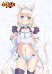  1girl absurdres animal_ear_fluff animal_ears bare_shoulders bell black_thighhighs blue_bow blue_bowtie blue_eyes blue_nails blunt_bangs blush bow bowtie cameltoe cat_ears cat_girl cat_tail center_frills character_name closed_mouth commentary_request copyright_name cowboy_shot dress eyelashes eyes_visible_through_hair frilled_dress frills hair_bow hands_up heart heart_background highres jingle_bell lifted_by_self long_hair looking_at_viewer low_twintails maid_headdress nail_polish navel neck_bell nekopara panties presenting raiz_art_works short_dress simple_background slit_pupils smile solo spaghetti_strap split_mouth standing stomach straight_hair striped_clothes striped_panties tail tail_raised thighhighs thighs twintails underwear vanilla_(nekopara) very_long_hair white_dress white_hair white_wrist_cuffs wrist_bow wrist_cuffs 