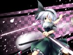  black_hairband blue_eyes dual_wielding fighting_stance hairband hitodama holding katana kimagure_ringo konpaku_youmu konpaku_youmu_(ghost) one_eye_closed silver_hair solo sword touhou wallpaper weapon white_hair 